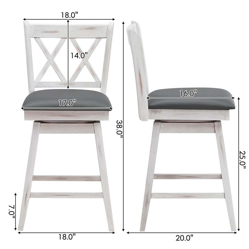25" Swivel Bar Stools Set of 2 with Back & Rubber Wood Legs, Upholstered Counter Height Dining Chairs for Kitchen Island, Pub, Restaurant