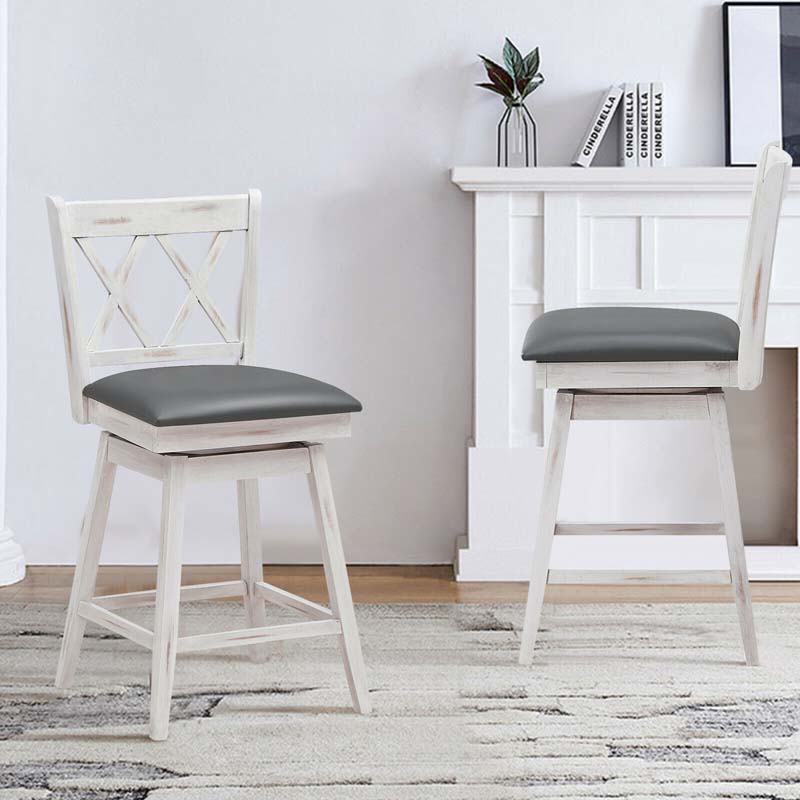 25" Swivel Bar Stools Set of 2 with Back & Rubber Wood Legs, Upholstered Counter Height Dining Chairs for Kitchen Island, Pub, Restaurant