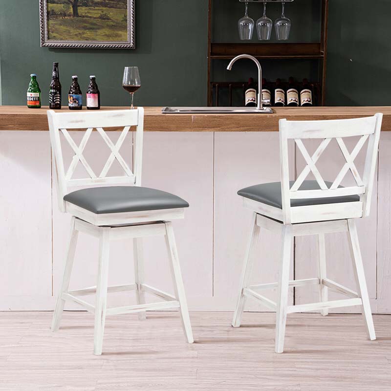 25" Swivel Bar Stools Set of 2 with Back & Rubber Wood Legs, Upholstered Counter Height Dining Chairs for Kitchen Island, Pub, Restaurant