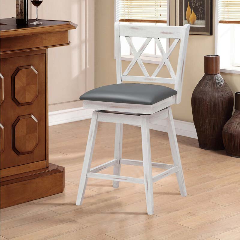 25" Swivel Bar Stools Set of 2 with Back & Rubber Wood Legs, Upholstered Counter Height Dining Chairs for Kitchen Island, Pub, Restaurant