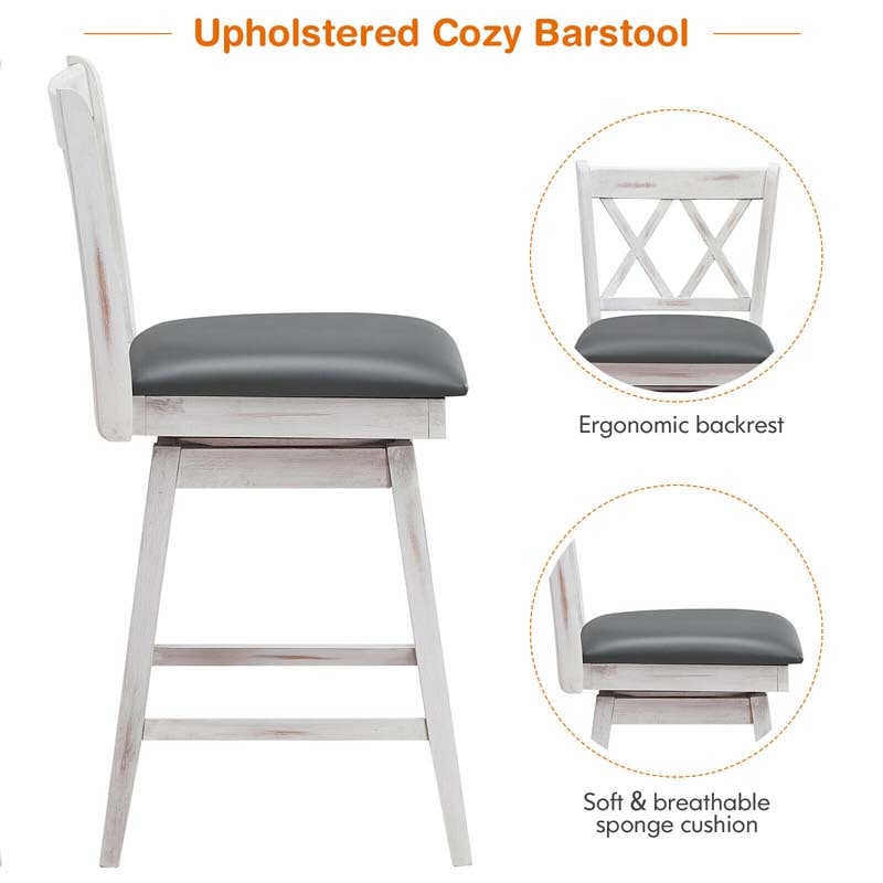 25" Swivel Bar Stools Set of 2 with Back & Rubber Wood Legs, Upholstered Counter Height Dining Chairs for Kitchen Island, Pub, Restaurant