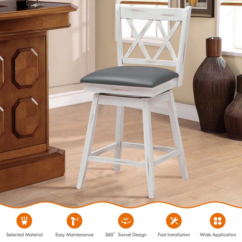 25" Swivel Bar Stools Set of 2 with Back & Rubber Wood Legs, Upholstered Counter Height Dining Chairs for Kitchen Island, Pub, Restaurant