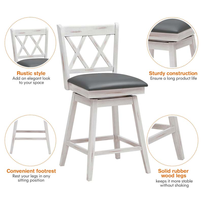 25" Swivel Bar Stools Set of 2 with Back & Rubber Wood Legs, Upholstered Counter Height Dining Chairs for Kitchen Island, Pub, Restaurant