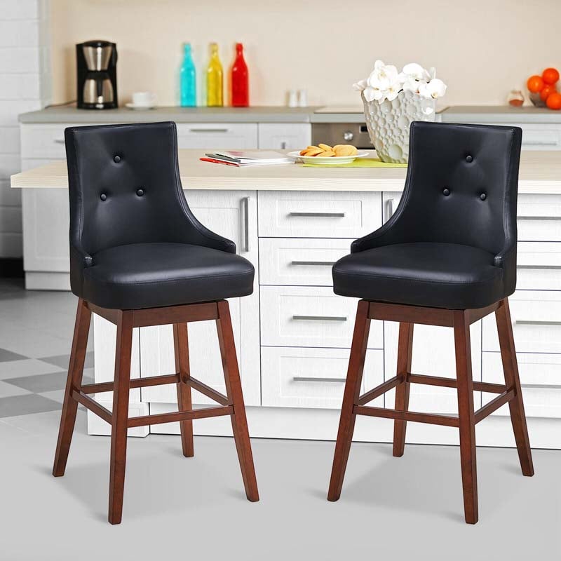 2-Pack 29" Upholstered Swivel Bar Stools with Button Tufted Backrest & Rubber Wood Legs