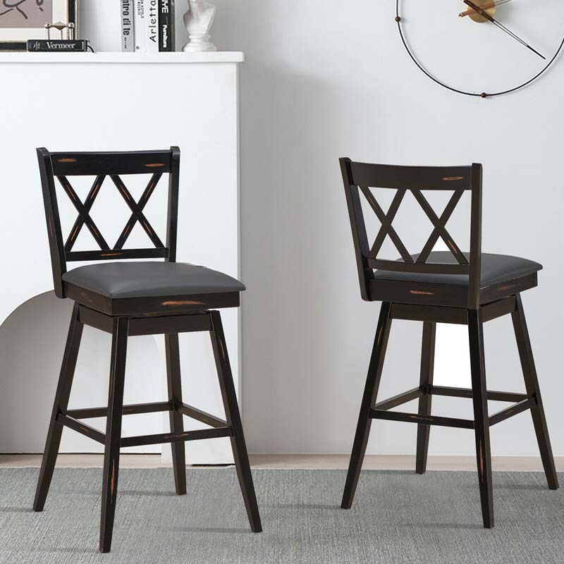29" Swivel Bar Stools Set of 2 with Back & Rubber Wood Legs, Upholstered Bar Height Dining Chairs for Kitchen Island, Pub, Restaurant