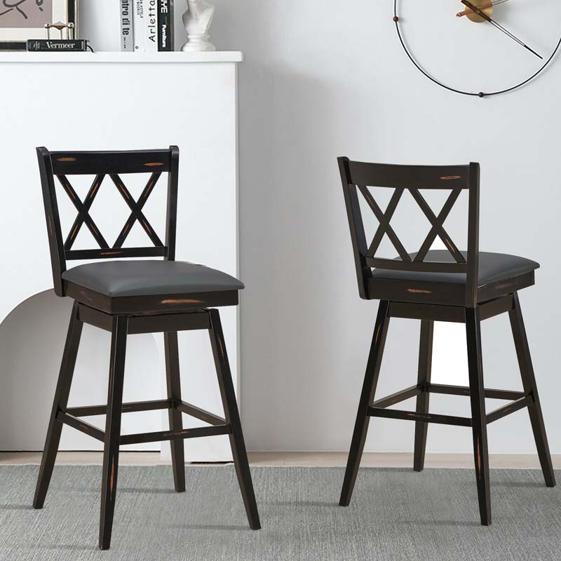 2 Pcs 29" Swivel Bar Stools with Back & Rubber Wood Legs, Upholstered Counter Height Bar Chairs for Pub