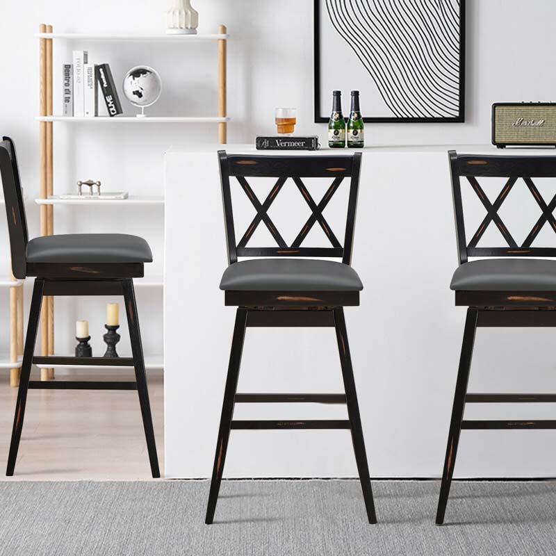 29" Swivel Bar Stools Set of 2 with Back & Rubber Wood Legs, Upholstered Bar Height Dining Chairs for Kitchen Island, Pub, Restaurant