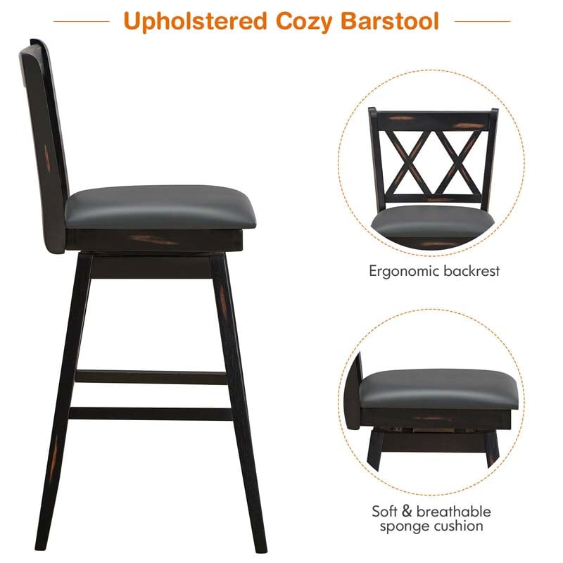 29" Swivel Bar Stools Set of 2 with Back & Rubber Wood Legs, Upholstered Bar Height Dining Chairs for Kitchen Island, Pub, Restaurant