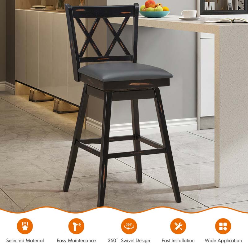 29" Swivel Bar Stools Set of 2 with Back & Rubber Wood Legs, Upholstered Bar Height Dining Chairs for Kitchen Island, Pub, Restaurant