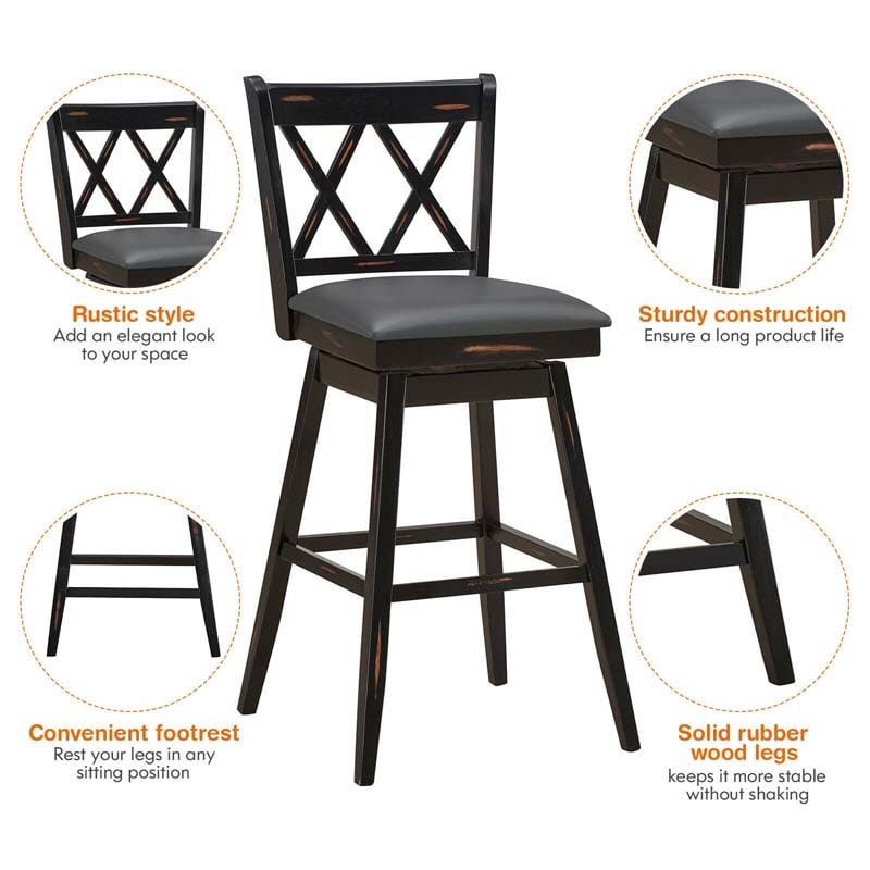 29" Swivel Bar Stools Set of 2 with Back & Rubber Wood Legs, Upholstered Bar Height Dining Chairs for Kitchen Island, Pub, Restaurant