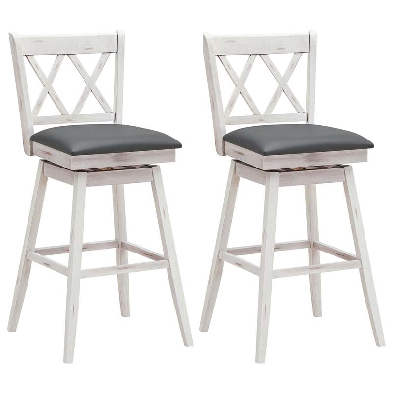 29" Swivel Bar Stools Set of 2 with Back & Rubber Wood Legs, Upholstered Bar Height Dining Chairs for Kitchen Island, Pub, Restaurant