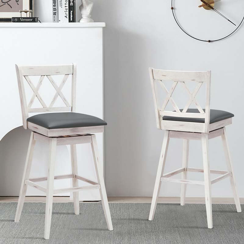 29" Swivel Bar Stools Set of 2 with Back & Rubber Wood Legs, Upholstered Bar Height Dining Chairs for Kitchen Island, Pub, Restaurant
