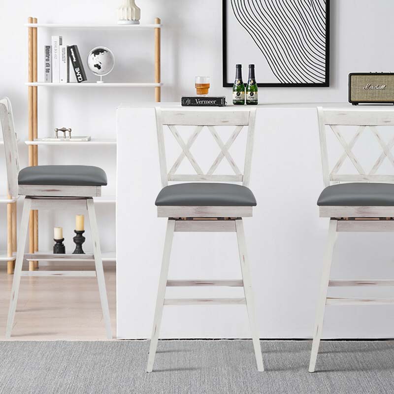 29" Swivel Bar Stools Set of 2 with Back & Rubber Wood Legs, Upholstered Bar Height Dining Chairs for Kitchen Island, Pub, Restaurant