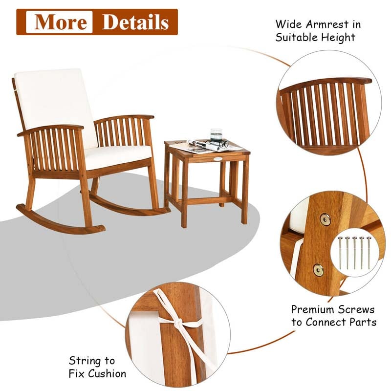 2 Piece Acacia Wood Patio Rocking Chair Table Set with Thick Cushion, Outdoor Porch Rocker & Bistro Table Set for Backyard, Balcony, Poolside