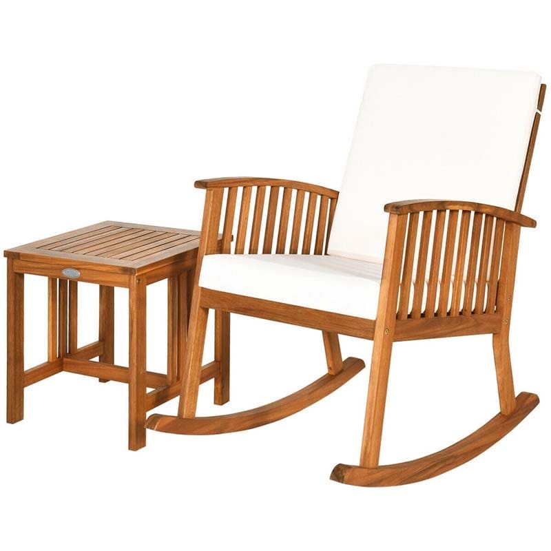 2 Piece Acacia Wood Patio Rocking Chair Table Set with Thick Cushion, Outdoor Porch Rocker & Bistro Table Set for Backyard, Balcony, Poolside