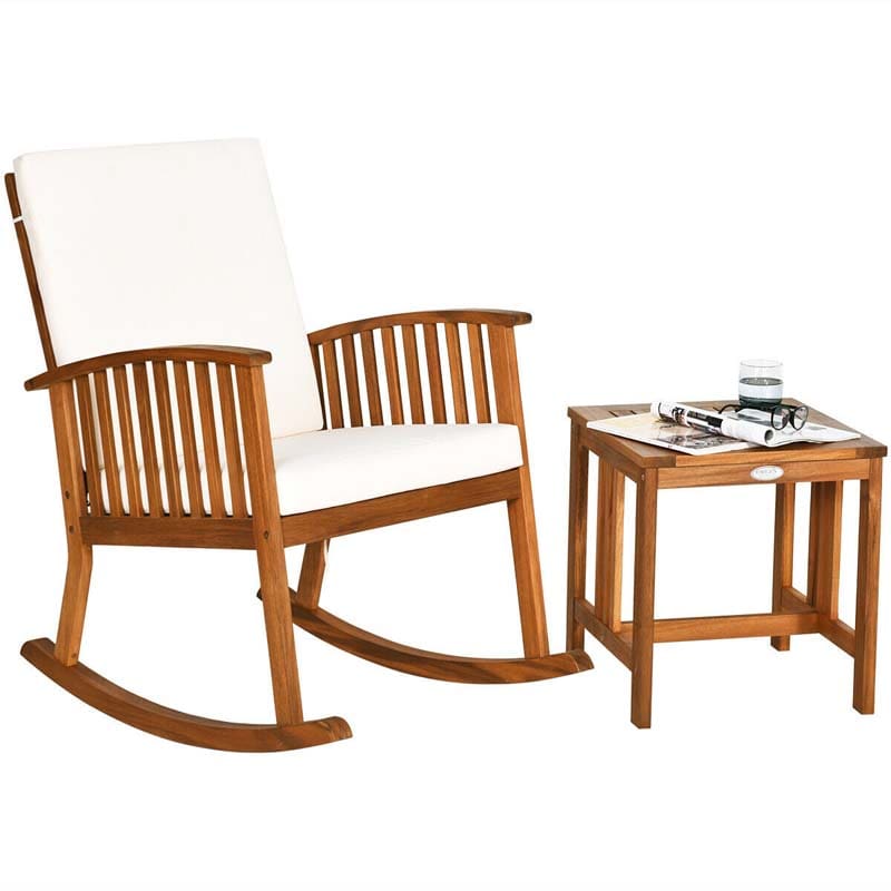 2 Pcs Acacia Wood Patio Rocking Chair Table Set with Thick Cushion, Outdoor Bistro Set Porch Rocker