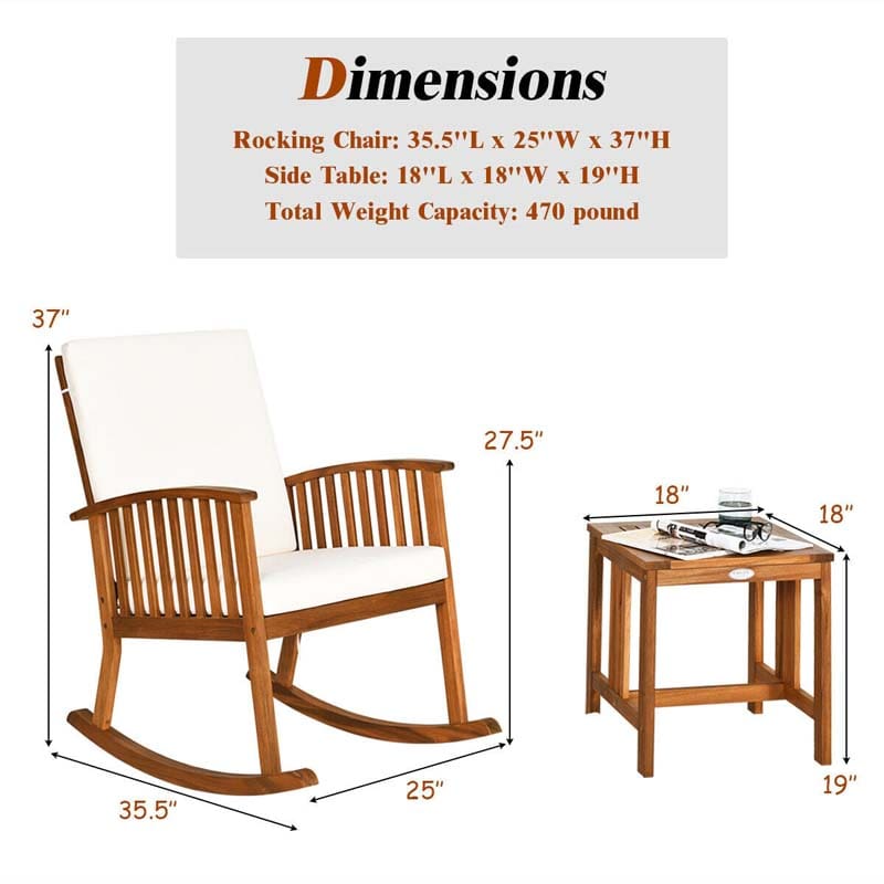 2 Piece Acacia Wood Patio Rocking Chair Table Set with Thick Cushion, Outdoor Porch Rocker & Bistro Table Set for Backyard, Balcony, Poolside