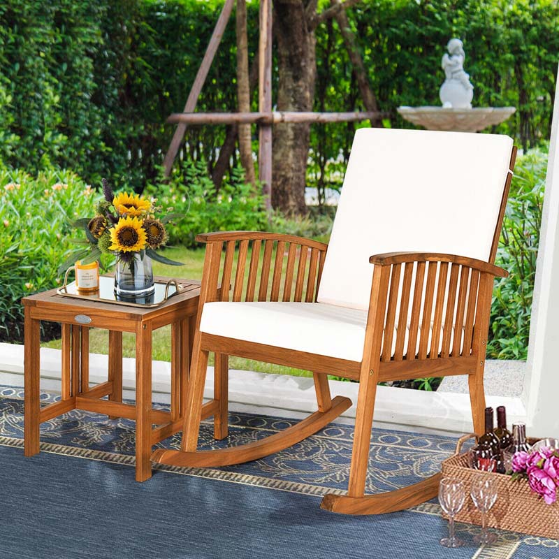 2 Piece Acacia Wood Patio Rocking Chair Table Set with Thick Cushion, Outdoor Porch Rocker & Bistro Table Set for Backyard, Balcony, Poolside