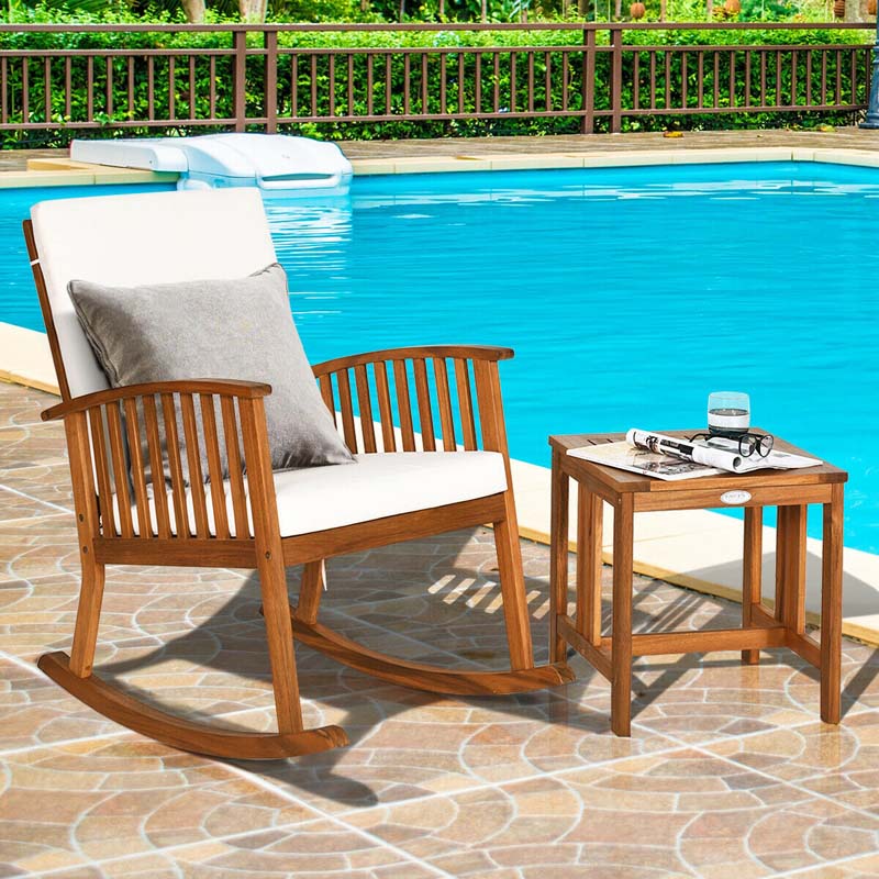 2 Piece Acacia Wood Patio Rocking Chair Table Set with Thick Cushion, Outdoor Porch Rocker & Bistro Table Set for Backyard, Balcony, Poolside