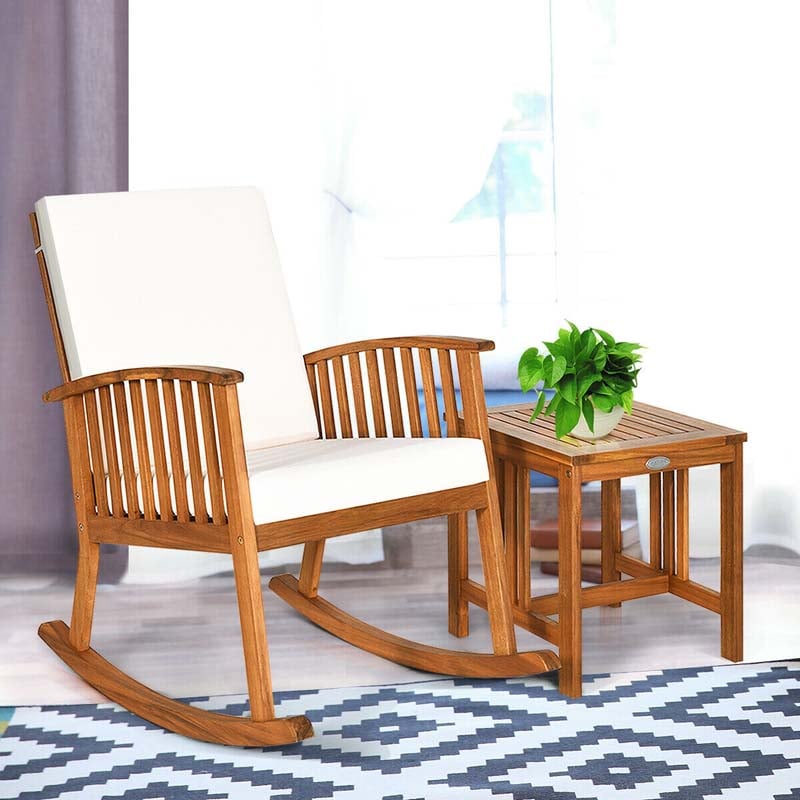2 Piece Acacia Wood Patio Rocking Chair Table Set with Thick Cushion, Outdoor Porch Rocker & Bistro Table Set for Backyard, Balcony, Poolside