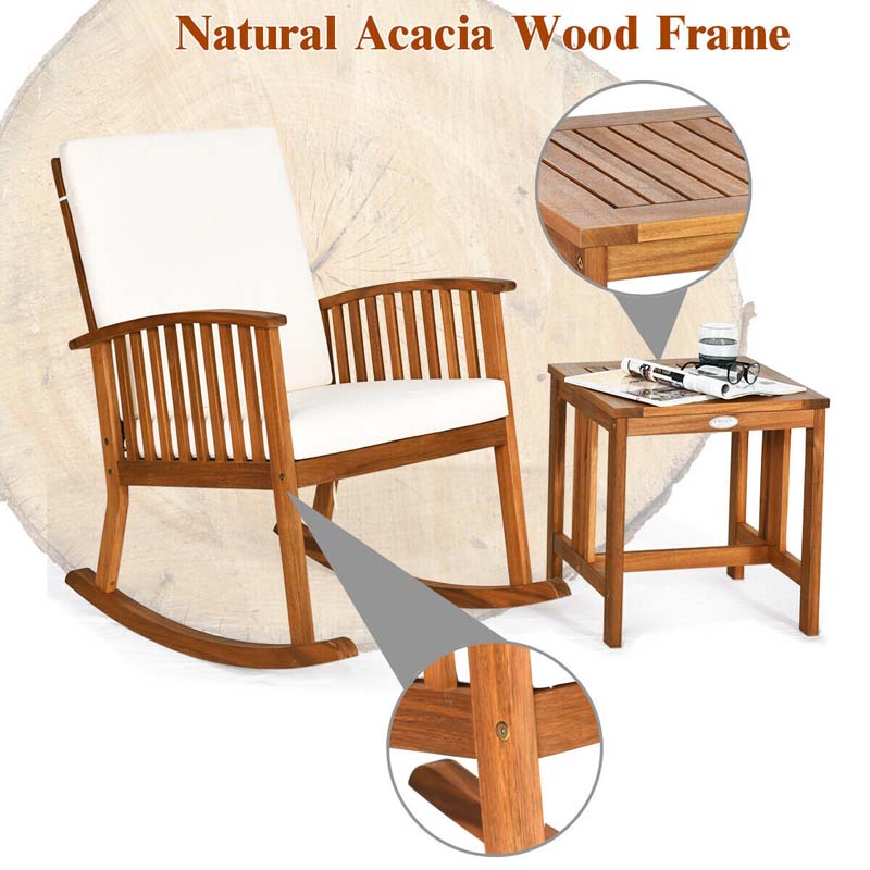 2 Piece Acacia Wood Patio Rocking Chair Table Set with Thick Cushion, Outdoor Porch Rocker & Bistro Table Set for Backyard, Balcony, Poolside