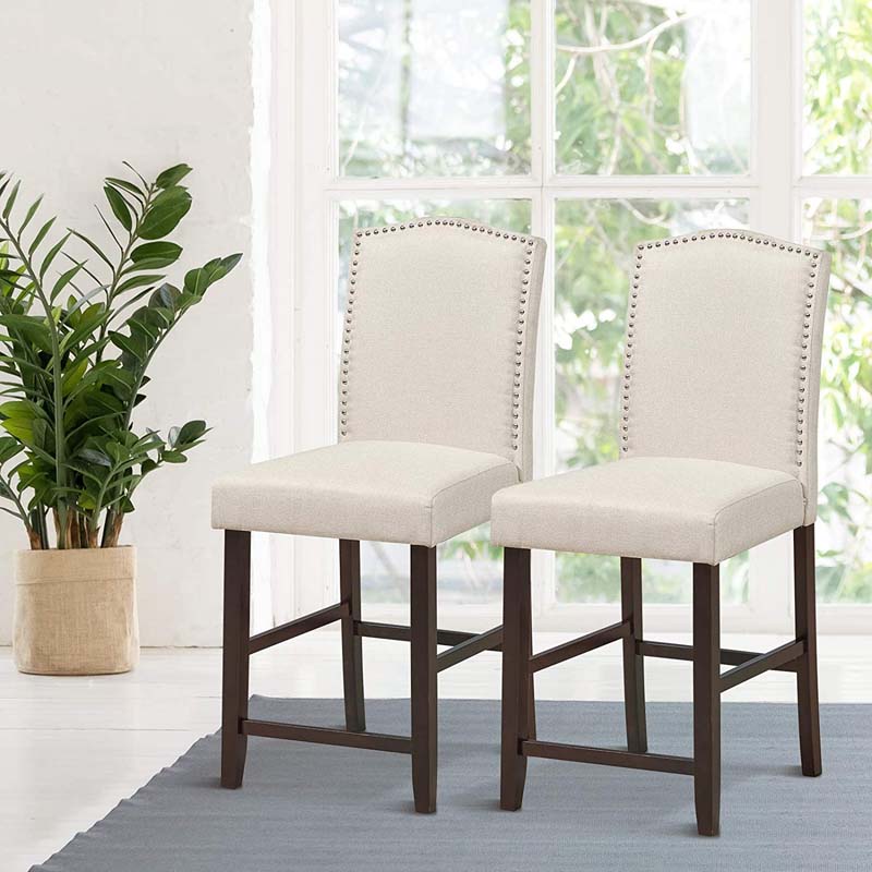 24" Fabric Upholstered Bar Stools Set of 2, Nail Head High Back Counter Height Dining Chairs for Kitchen Island Pub