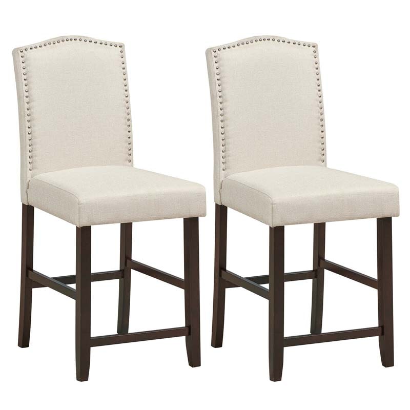 24" Fabric Upholstered Bar Stools Set of 2, Nail Head High Back Counter Height Dining Chairs for Kitchen Island Pub