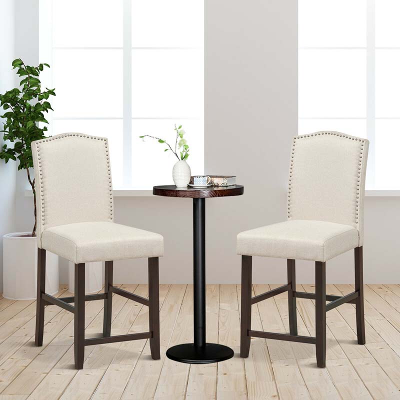 24" Fabric Upholstered Bar Stools Set of 2, Nail Head High Back Counter Height Dining Chairs for Kitchen Island Pub
