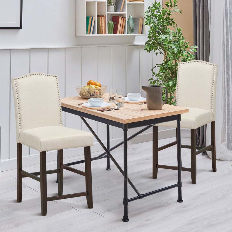 24" Fabric Upholstered Bar Stools Set of 2, Nail Head High Back Counter Height Dining Chairs for Kitchen Island Pub