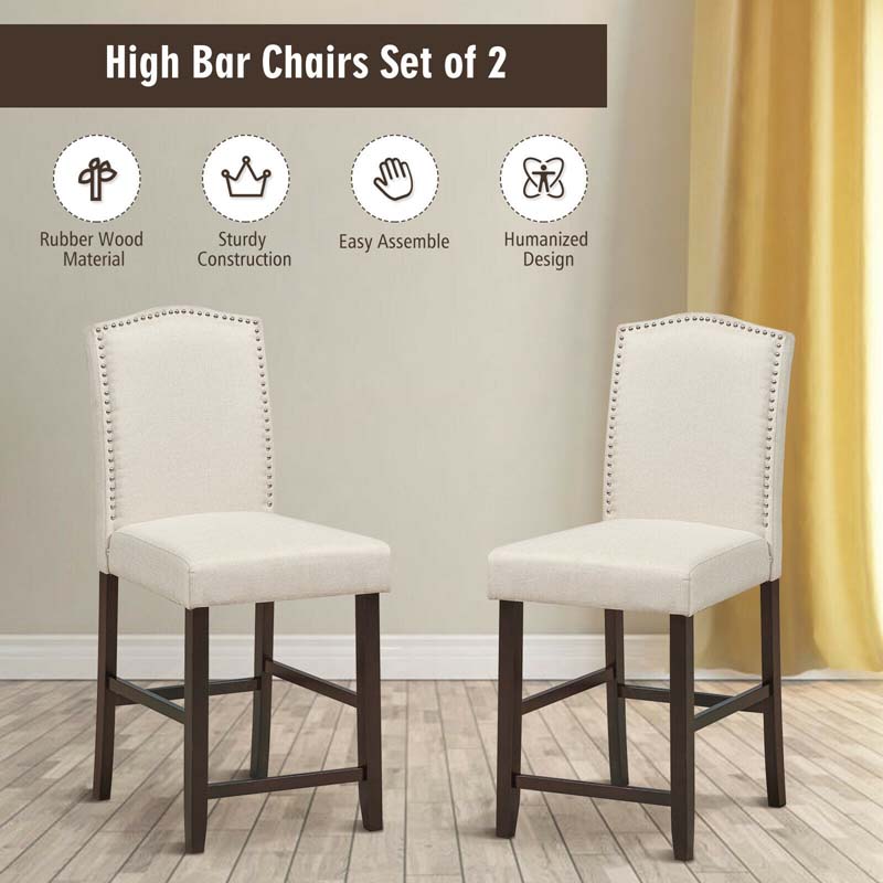 24" Fabric Upholstered Bar Stools Set of 2, Nail Head High Back Counter Height Dining Chairs for Kitchen Island Pub