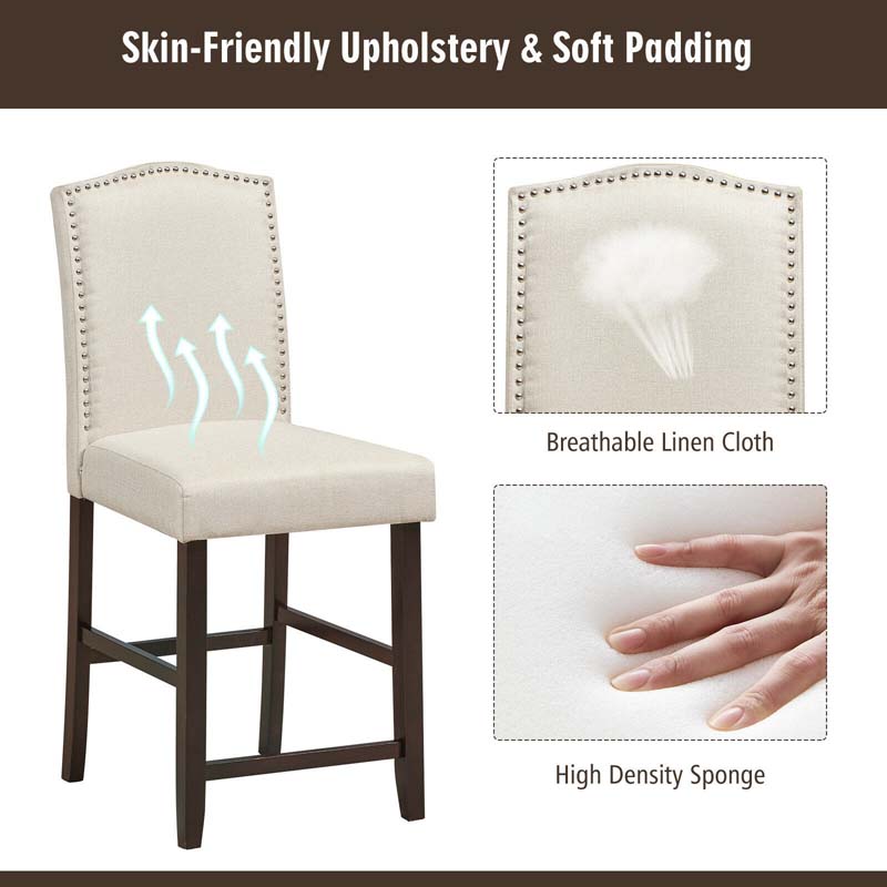 24" Fabric Upholstered Bar Stools Set of 2, Nail Head High Back Counter Height Dining Chairs for Kitchen Island Pub