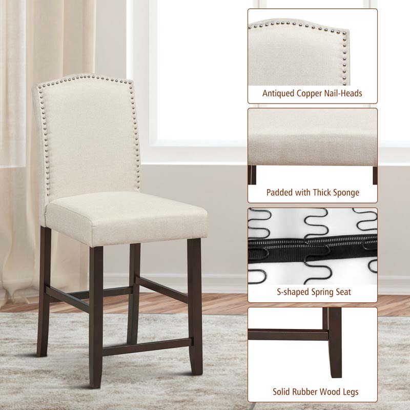 24" Fabric Upholstered Bar Stools Set of 2, Nail Head High Back Counter Height Dining Chairs for Kitchen Island Pub