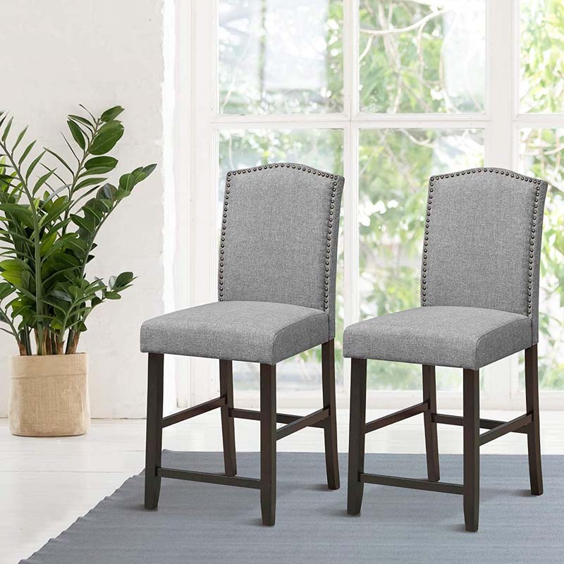 24" Fabric Upholstered Bar Stools Set of 2, Nail Head High Back Counter Height Dining Chairs for Kitchen Island Pub