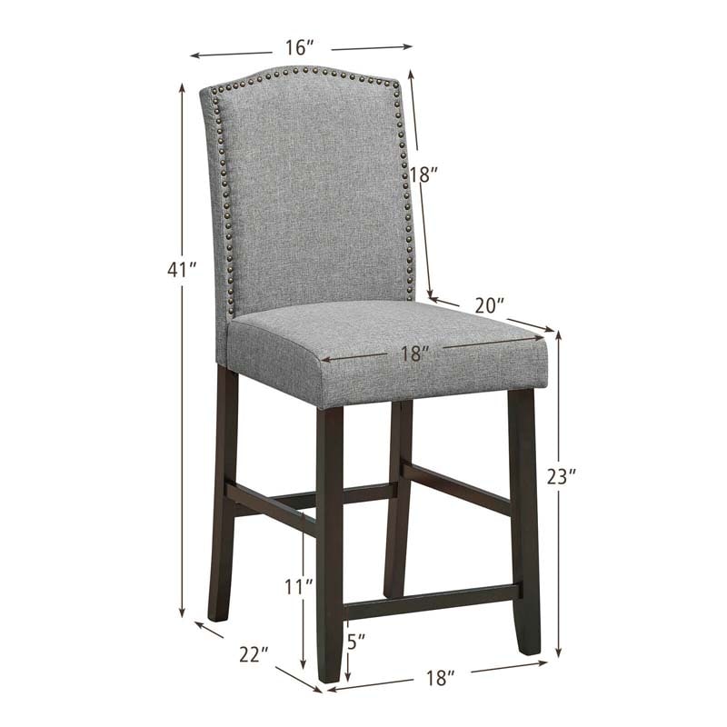 24" Fabric Upholstered Bar Stools Set of 2, Nail Head High Back Counter Height Dining Chairs for Kitchen Island Pub