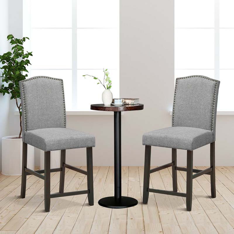 24" Fabric Upholstered Bar Stools Set of 2, Nail Head High Back Counter Height Dining Chairs for Kitchen Island Pub