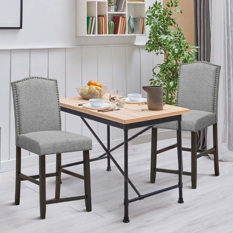 24" Fabric Upholstered Bar Stools Set of 2, Nail Head High Back Counter Height Dining Chairs for Kitchen Island Pub