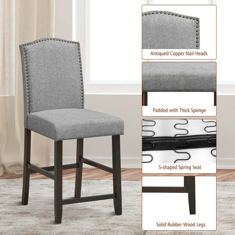 24" Fabric Upholstered Bar Stools Set of 2, Nail Head High Back Counter Height Dining Chairs for Kitchen Island Pub