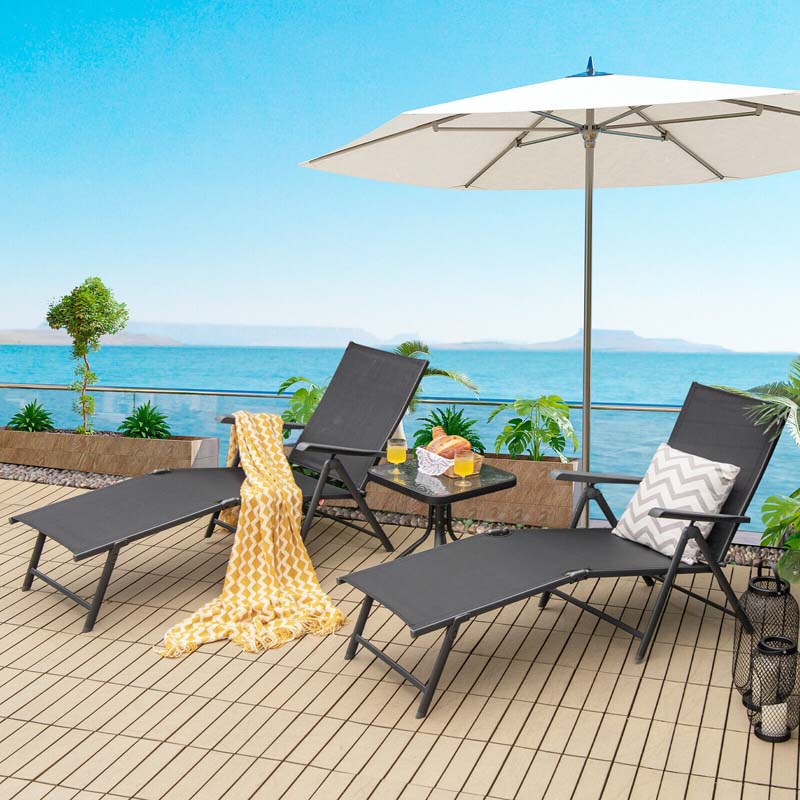 Set of 2 Folding Chaise Lounge Chair with 5-Position Adjustable Backrest & 2-Position Footrest, Fabric Seat Sun Lounger for Pool Deck Beach