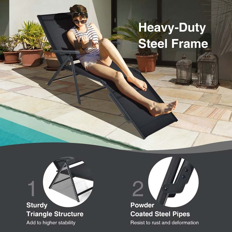 Set of 2 Folding Chaise Lounge Chair with 5-Position Adjustable Backrest & 2-Position Footrest, Fabric Seat Sun Lounger for Pool Deck Beach