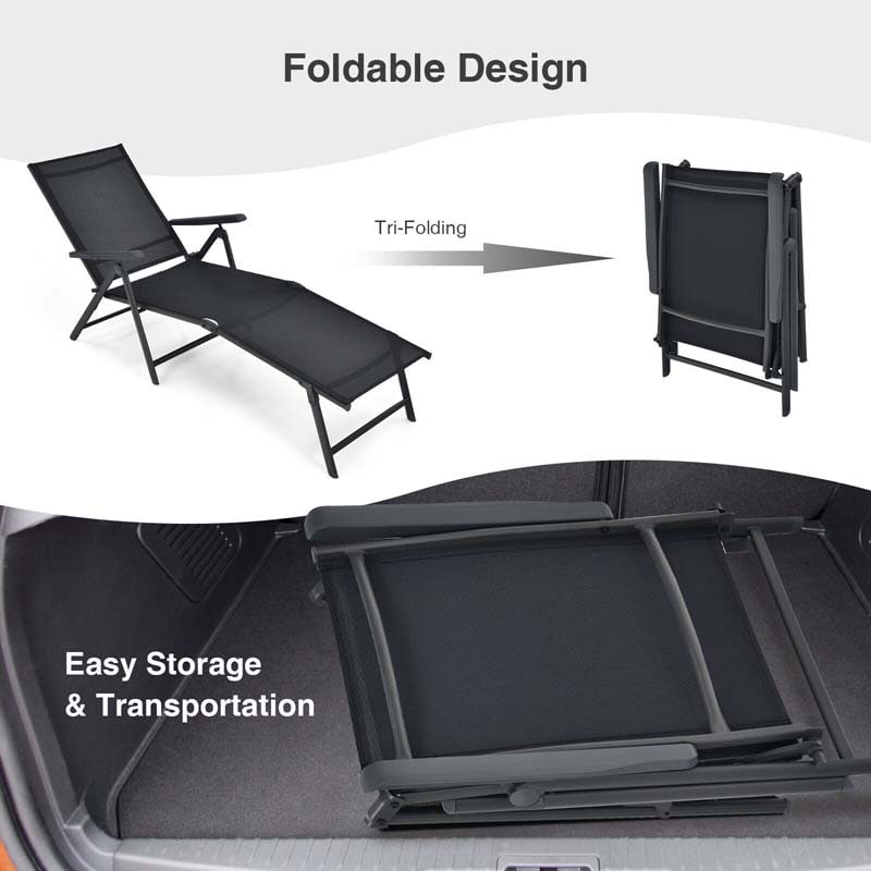 Set of 2 Folding Chaise Lounge Chair with 5-Position Adjustable Backrest & 2-Position Footrest, Fabric Seat Sun Lounger for Pool Deck Beach