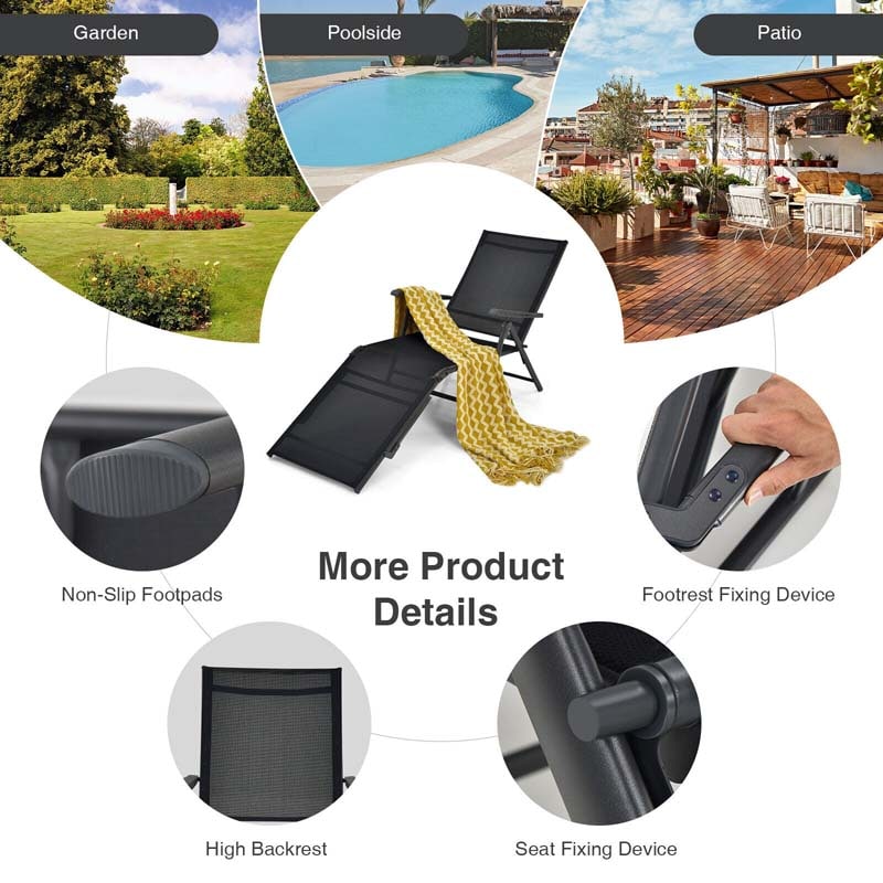Set of 2 Folding Chaise Lounge Chair with 5-Position Adjustable Backrest & 2-Position Footrest, Fabric Seat Sun Lounger for Pool Deck Beach