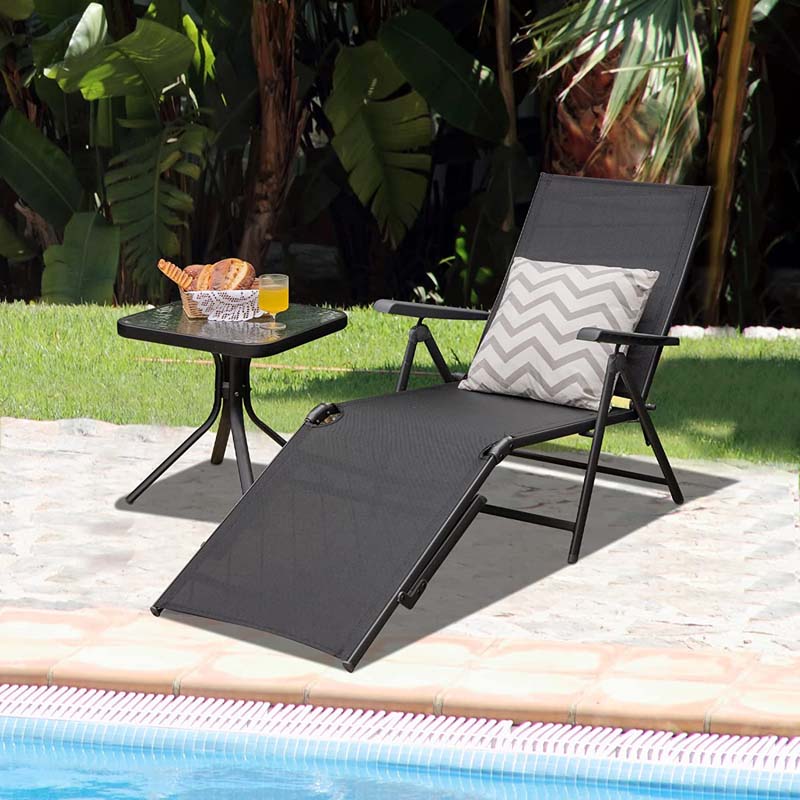 Set of 2 Folding Chaise Lounge Chair with 5-Position Adjustable Backrest & 2-Position Footrest, Fabric Seat Sun Lounger for Pool Deck Beach