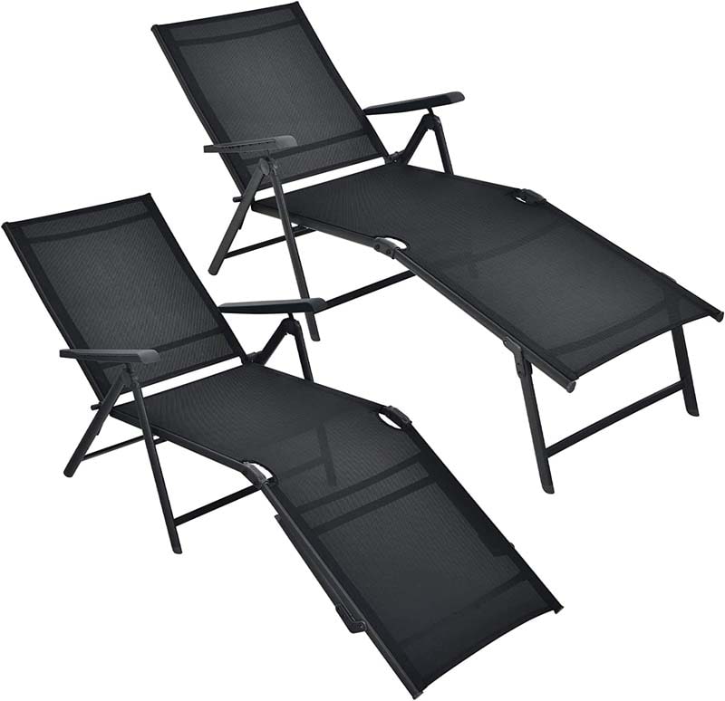 Set of 2 Folding Chaise Lounge Chair with 5-Position Adjustable Backrest & 2-Position Footrest, Fabric Seat Sun Lounger for Pool Deck Beach