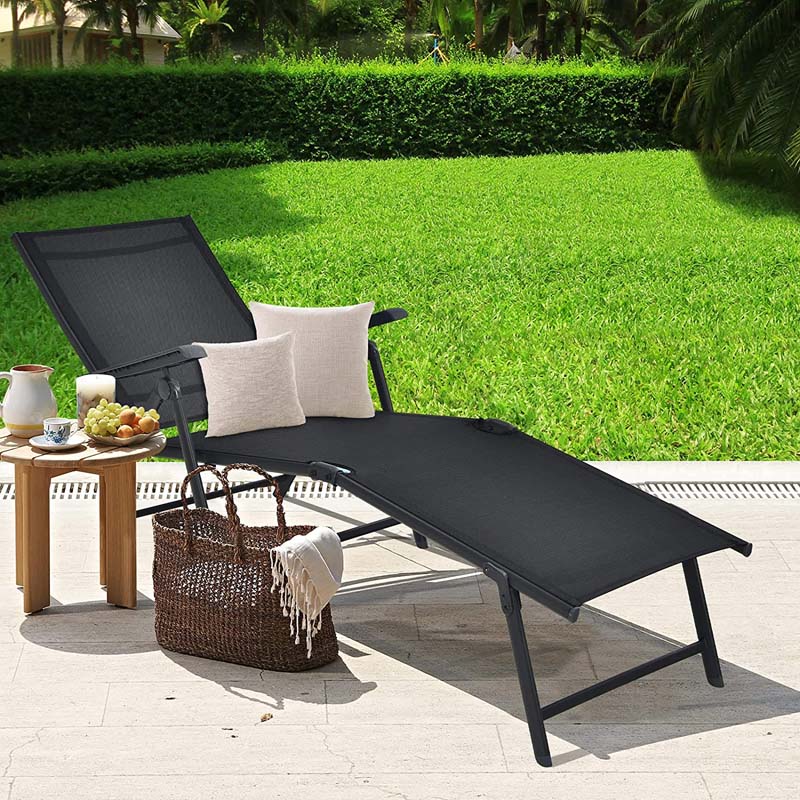 Set of 2 Folding Chaise Lounge Chair with 5-Position Adjustable Backrest & 2-Position Footrest, Fabric Seat Sun Lounger for Pool Deck Beach