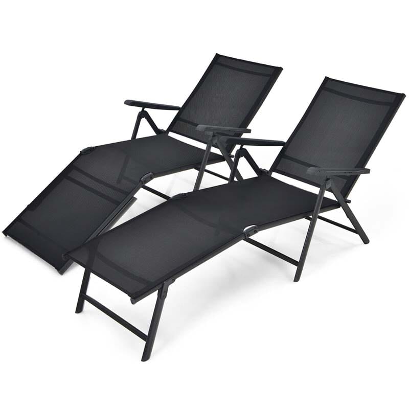 Set of 2 Folding Chaise Lounge Chair with 5-Position Adjustable Backrest & 2-Position Footrest, Fabric Seat Sun Lounger for Pool Deck Beach