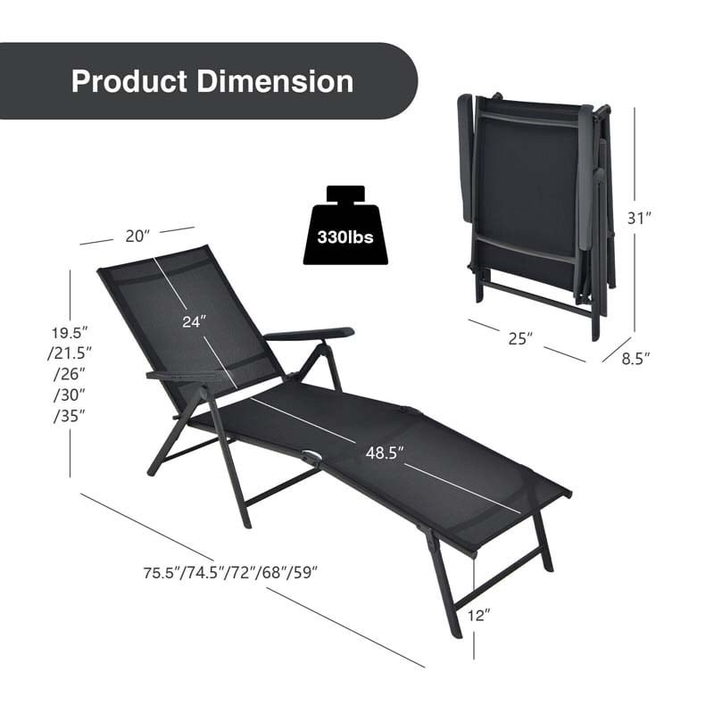 Set of 2 Folding Chaise Lounge Chair with 5-Position Adjustable Backrest & 2-Position Footrest, Fabric Seat Sun Lounger for Pool Deck Beach