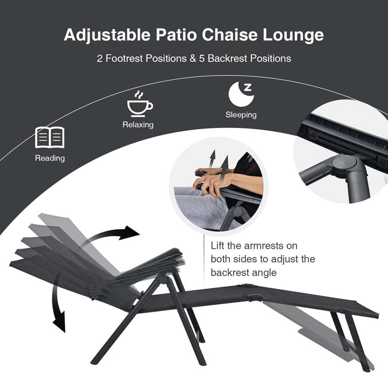 Set of 2 Folding Chaise Lounge Chair with 5-Position Adjustable Backrest & 2-Position Footrest, Fabric Seat Sun Lounger for Pool Deck Beach