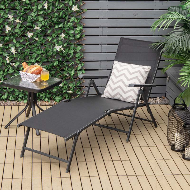 Set of 2 Folding Chaise Lounge Chair with 5-Position Adjustable Backrest & 2-Position Footrest, Fabric Seat Sun Lounger for Pool Deck Beach