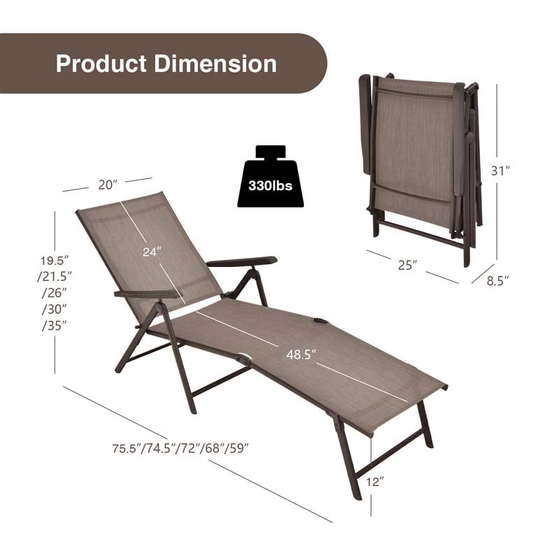 Set of 2 Folding Chaise Lounge Chair with 5-Position Adjustable Backrest & 2-Position Footrest, Fabric Seat Sun Lounger for Pool Deck Beach