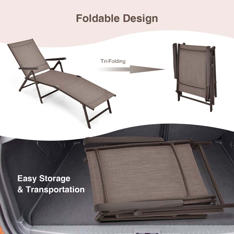 Set of 2 Folding Chaise Lounge Chair with 5-Position Adjustable Backrest & 2-Position Footrest, Fabric Seat Sun Lounger for Pool Deck Beach